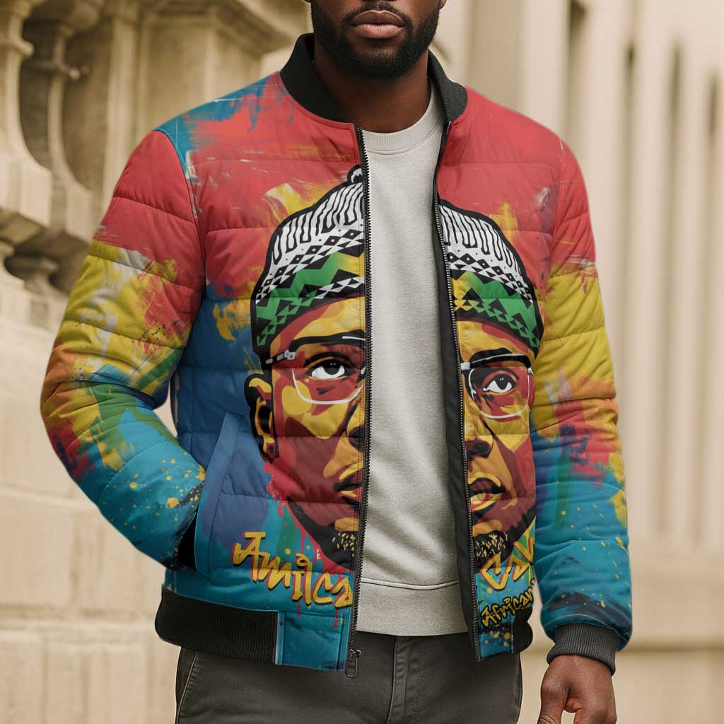 Amilcar Cabral Bomber Puffer Jacket Armed Activist Quote Raised Fist African Liberation Tribute - Colorful Paint Stroke - African Pride