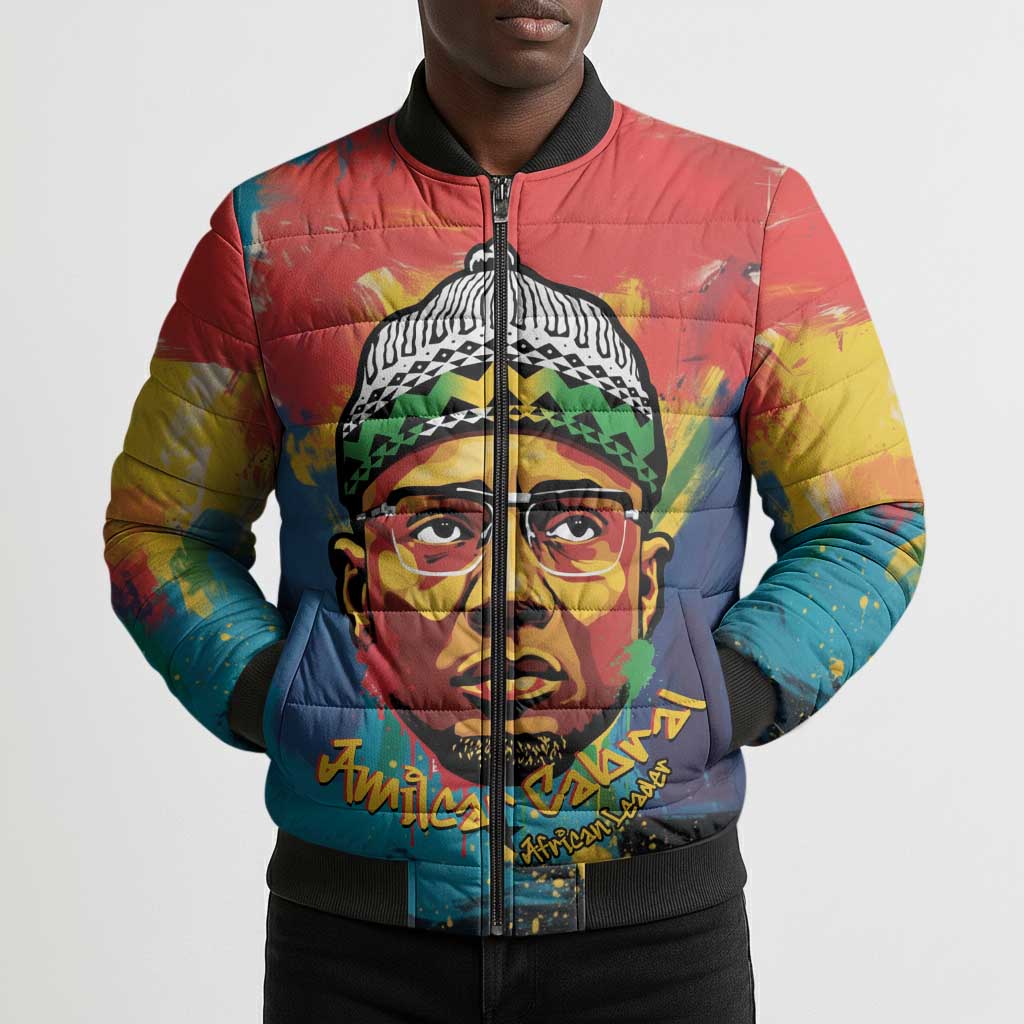 Amilcar Cabral Bomber Puffer Jacket Armed Activist Quote Raised Fist African Liberation Tribute - Colorful Paint Stroke - African Pride
