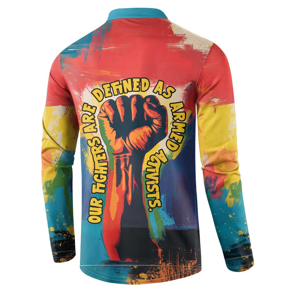 Amilcar Cabral Button Sweatshirt Armed Activist Quote Raised Fist African Liberation Tribute - Colorful Paint Stroke
