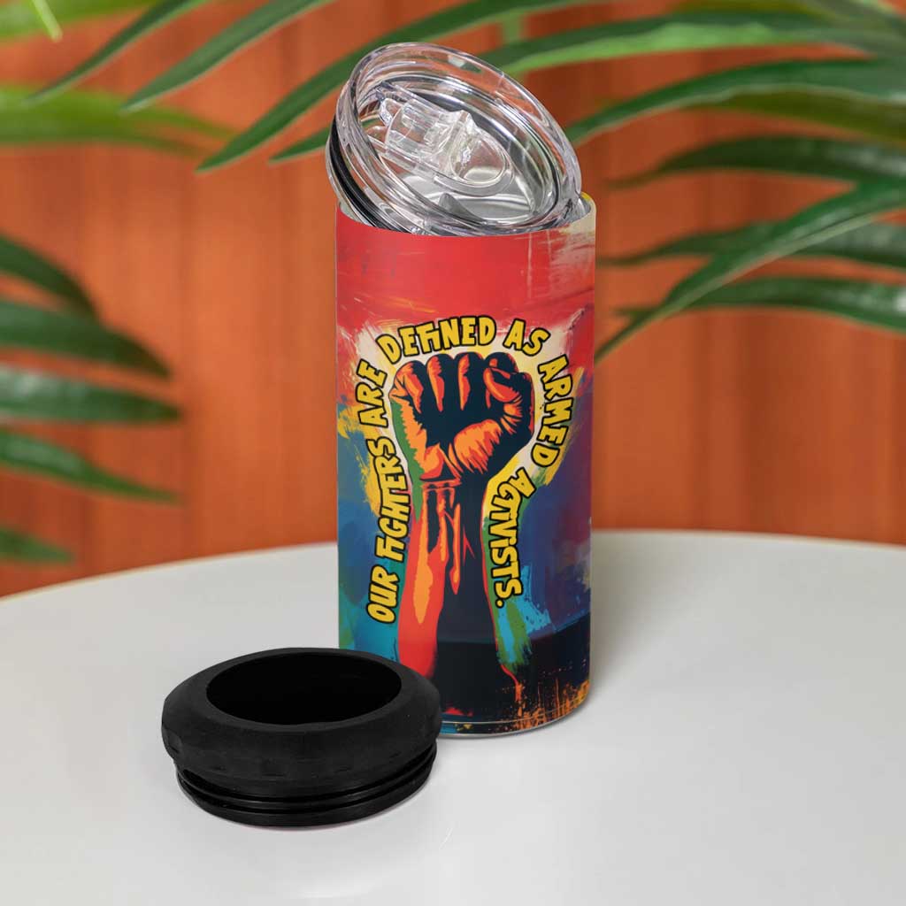 Amilcar Cabral 4 in 1 Can Cooler Tumbler Armed Activist Quote Raised Fist African Liberation Tribute - Colorful Paint Stroke - African Pride