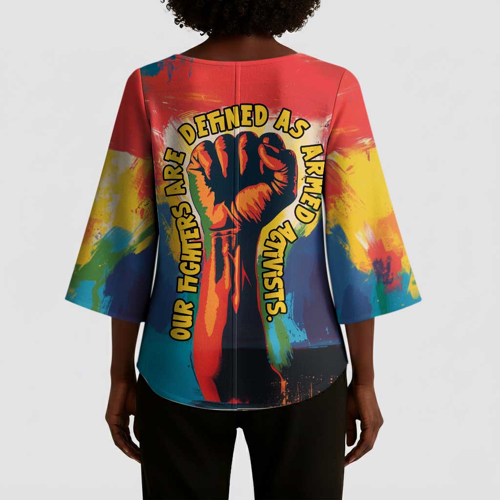 Amilcar Cabral Kimono Sleeve Blouse Armed Activist Quote Raised Fist African Liberation Tribute - Colorful Paint Stroke - African Pride