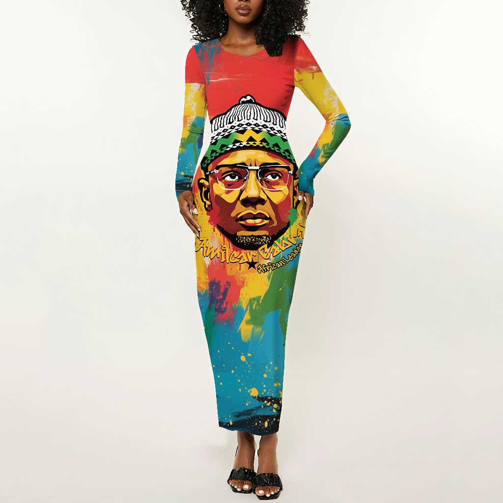 Amilcar Cabral Long Sleeve Bodycon Dress Armed Activist Quote Raised Fist African Liberation Tribute - Colorful Paint Stroke - African Pride