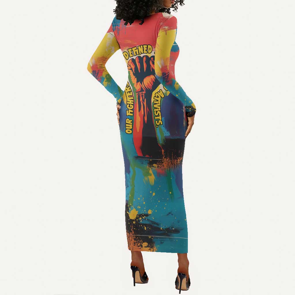 Amilcar Cabral Long Sleeve Bodycon Dress Armed Activist Quote Raised Fist African Liberation Tribute - Colorful Paint Stroke - African Pride