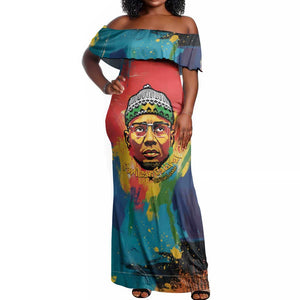 Amilcar Cabral Off Shoulder Maxi Dress Armed Activist Quote Raised Fist African Liberation Tribute - Colorful Paint Stroke - African Pride
