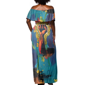 Amilcar Cabral Off Shoulder Maxi Dress Armed Activist Quote Raised Fist African Liberation Tribute - Colorful Paint Stroke - African Pride