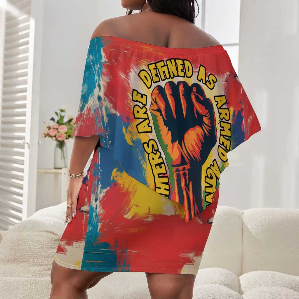 Amilcar Cabral Off Shoulder Short Dress Armed Activist Quote Raised Fist African Liberation Tribute - Colorful Paint Stroke - African Pride