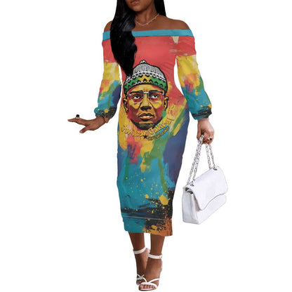 Amilcar Cabral Off The Shoulder Long Sleeve Dress Armed Activist Quote Raised Fist African Liberation Tribute - Colorful Paint Stroke - African Pride