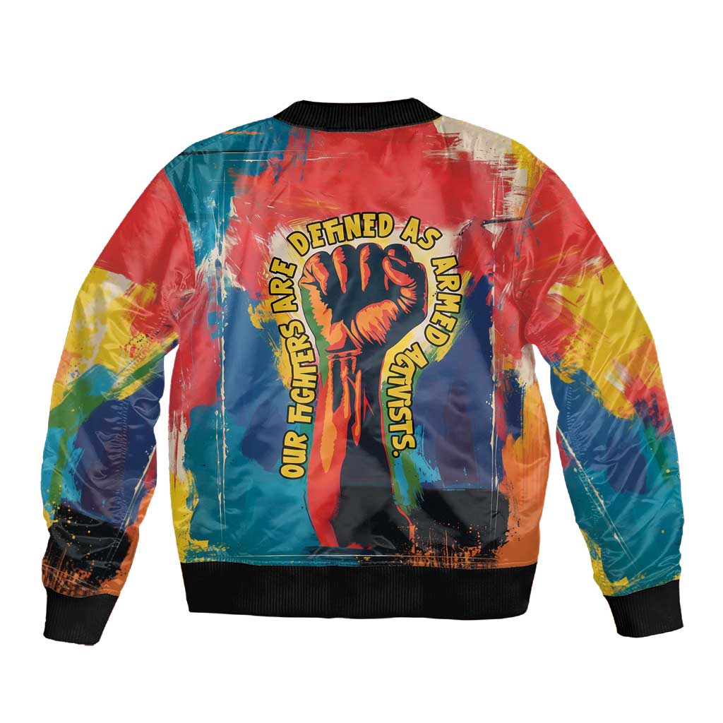 Amilcar Cabral Sleeve Zip Bomber Jacket Armed Activist Quote Raised Fist African Liberation Tribute - Colorful Paint Stroke - African Pride