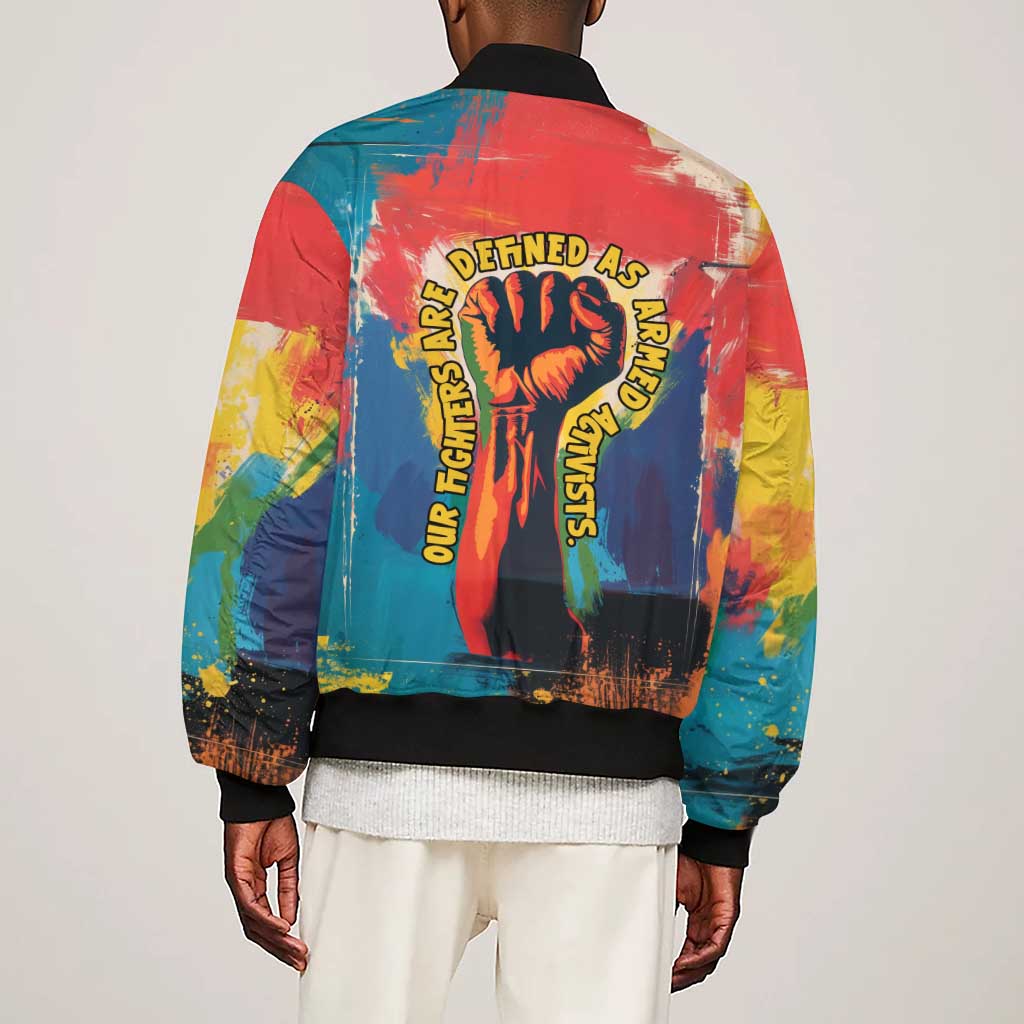 Amilcar Cabral Sleeve Zip Bomber Jacket Armed Activist Quote Raised Fist African Liberation Tribute - Colorful Paint Stroke - African Pride