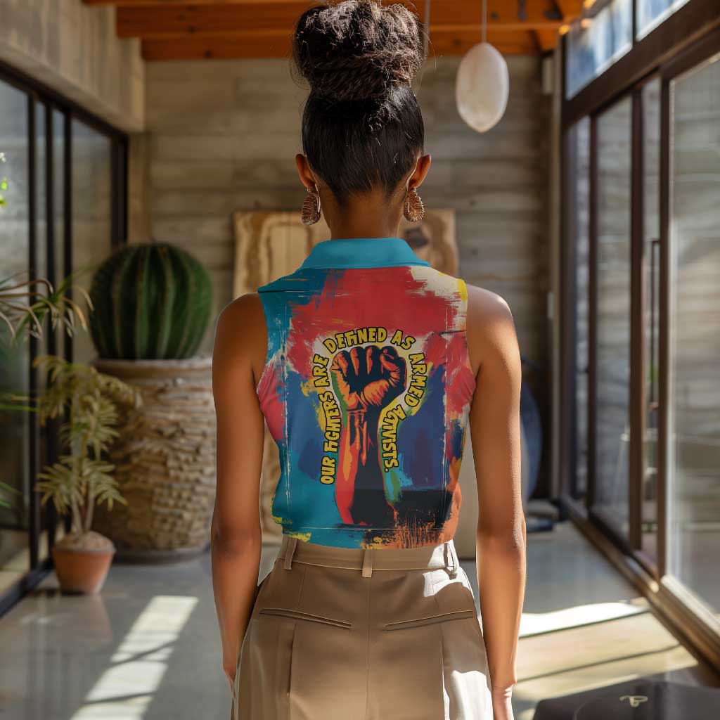 Amilcar Cabral Women Sleeveless Polo Shirt Armed Activist Quote Raised Fist African Liberation Tribute - Colorful Paint Stroke - African Pride