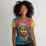 Amilcar Cabral Women V-Neck T-Shirt Armed Activist Quote Raised Fist African Liberation Tribute - Colorful Paint Stroke - African Pride