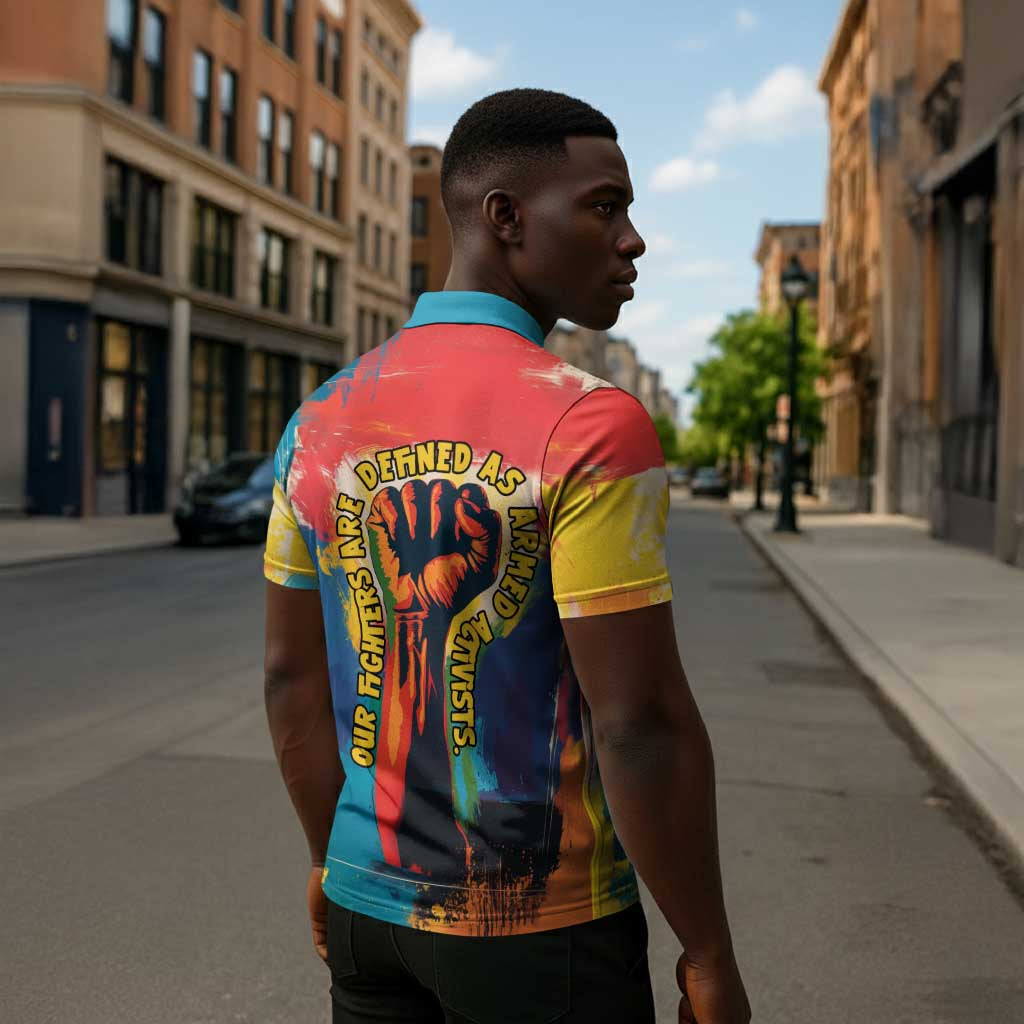 Amilcar Cabral Zipper Polo Shirt Armed Activist Quote Raised Fist African Liberation Tribute - Colorful Paint Stroke - African Pride