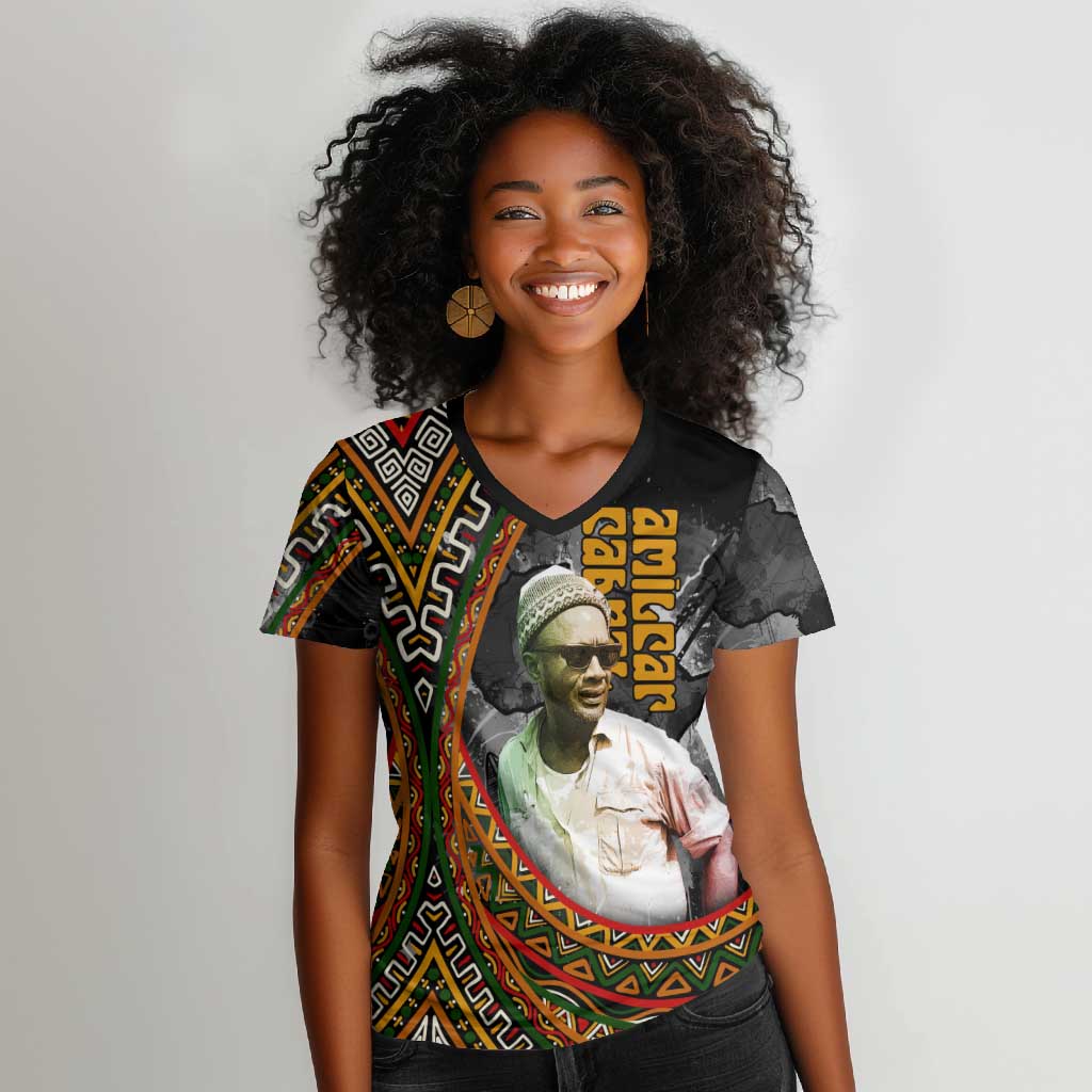 Amilcar Cabral Women V-Neck T-Shirt African Map with Chains Freedom Theme Revolutionary Liberation Tribute - African Pride