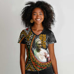 Amilcar Cabral Women V-Neck T-Shirt African Map with Chains Freedom Theme Revolutionary Liberation Tribute - African Pride
