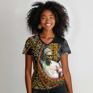 Amilcar Cabral Women V-Neck T-Shirt African Map with Chains Freedom Theme Revolutionary Liberation Tribute - African Pride