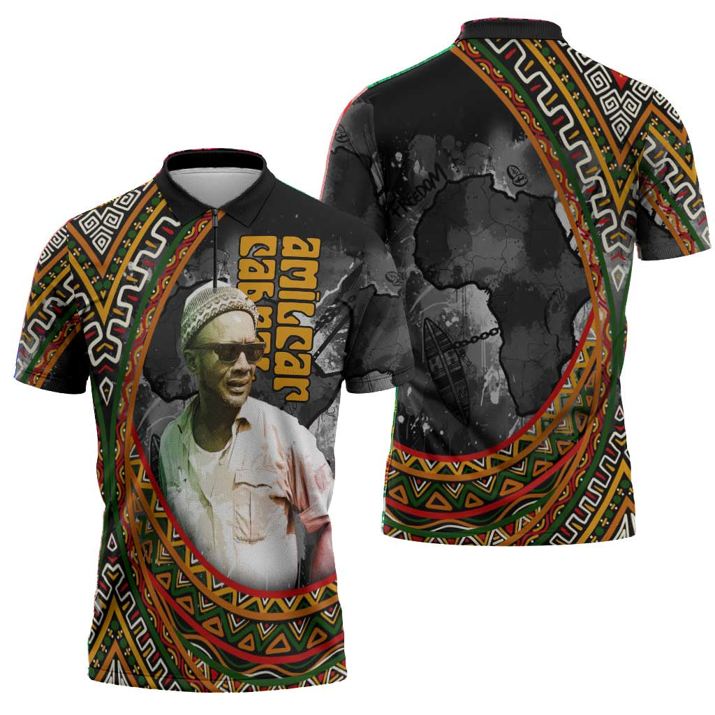Amilcar Cabral Zipper Polo Shirt African Map with Chains Freedom Theme Revolutionary Liberation Tribute - African Pride