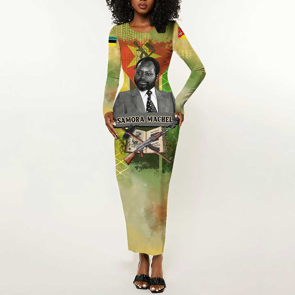 Samora Machel Long Sleeve Bodycon Dress Mozambique Flag Unity and Victory Quote Liberation Struggle - African Freedom Tribute - African Pride