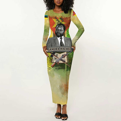Samora Machel Long Sleeve Bodycon Dress Mozambique Flag Unity and Victory Quote Liberation Struggle - African Freedom Tribute - African Pride