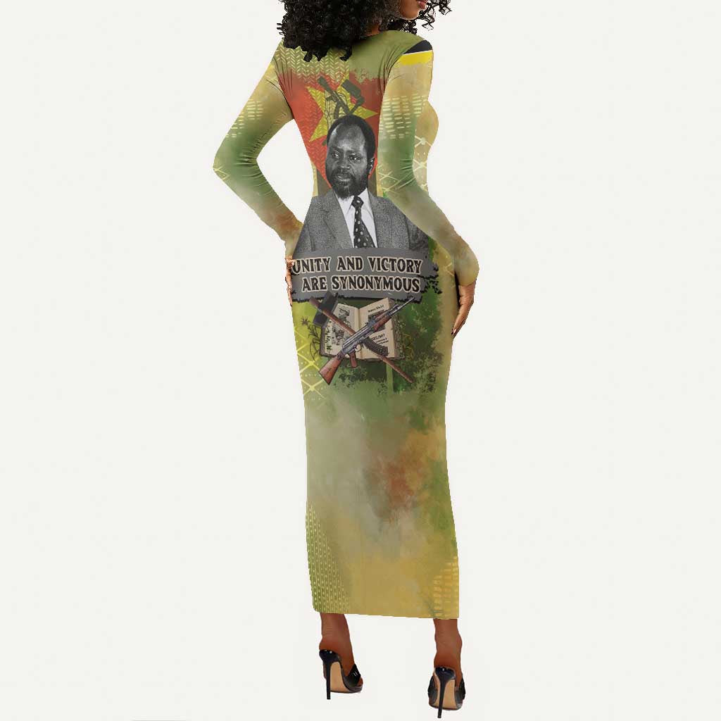 Samora Machel Long Sleeve Bodycon Dress Mozambique Flag Unity and Victory Quote Liberation Struggle - African Freedom Tribute - African Pride
