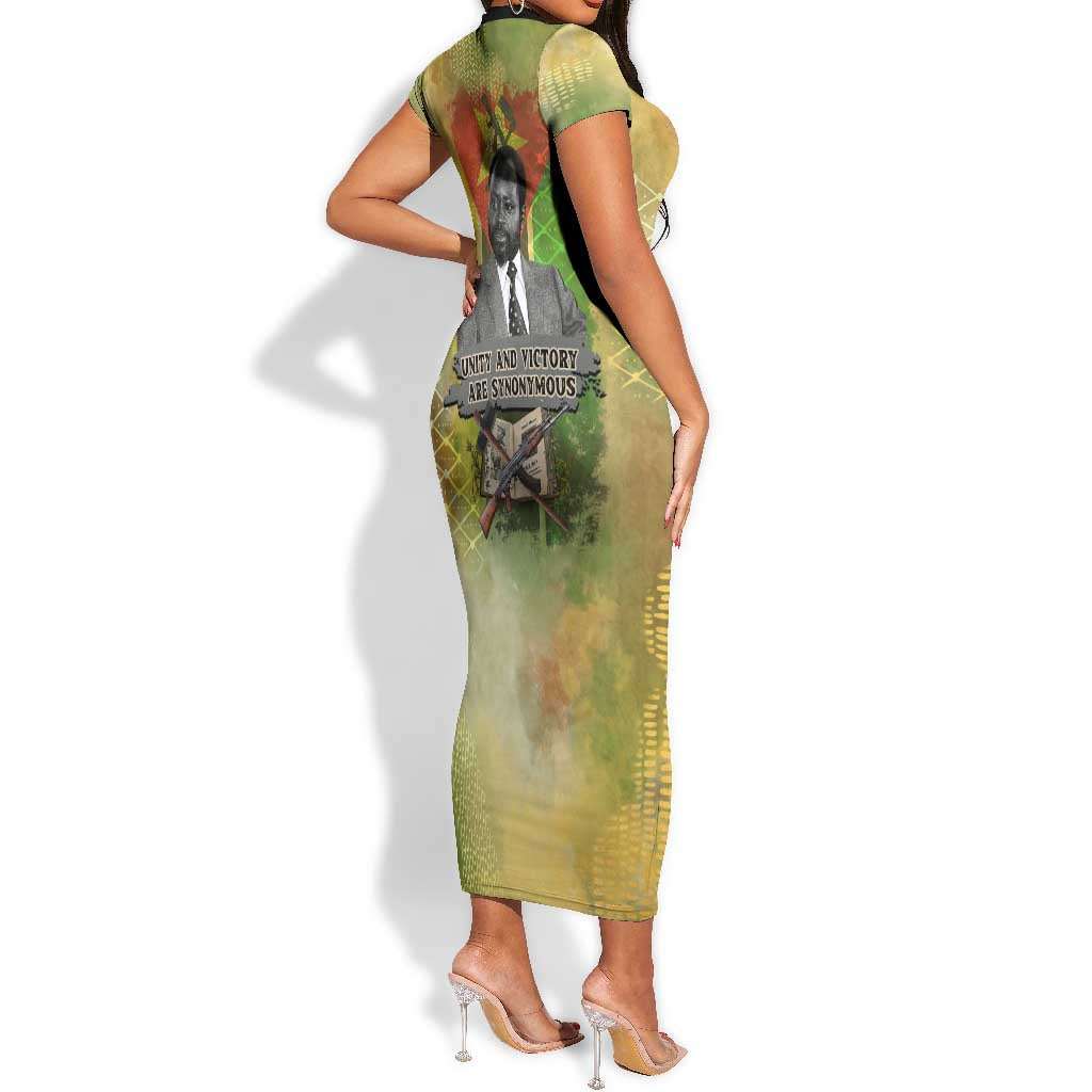 Samora Machel Short Sleeve Bodycon Dress Mozambique Flag Unity and Victory Quote Liberation Struggle - African Freedom Tribute - African Pride