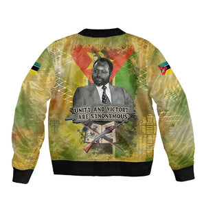 Samora Machel Sleeve Zip Bomber Jacket Mozambique Flag Unity and Victory Quote Liberation Struggle - African Freedom Tribute - African Pride
