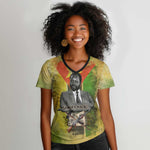 Samora Machel Women V-Neck T-Shirt Mozambique Flag Unity and Victory Quote Liberation Struggle - African Freedom Tribute - African Pride