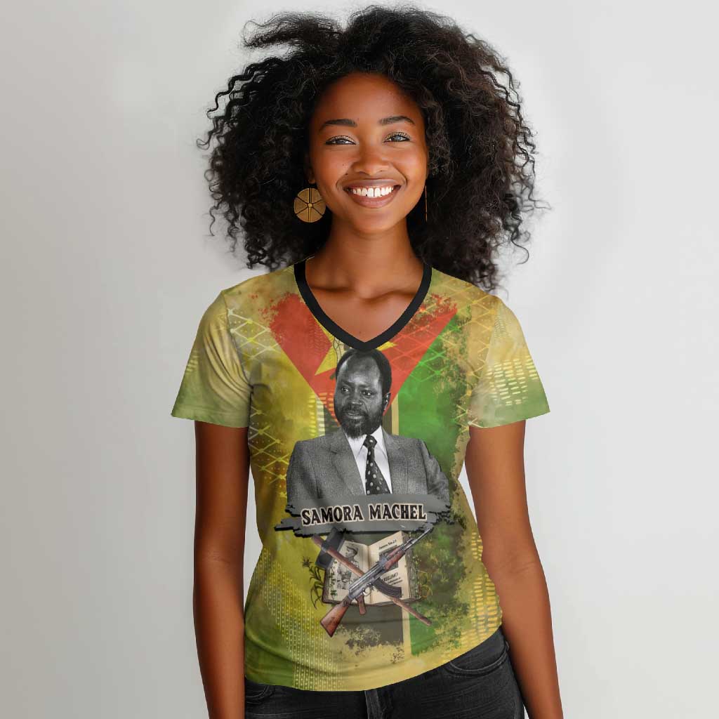 Samora Machel Women V-Neck T-Shirt Mozambique Flag Unity and Victory Quote Liberation Struggle - African Freedom Tribute - African Pride