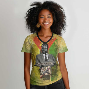 Samora Machel Women V-Neck T-Shirt Mozambique Flag Unity and Victory Quote Liberation Struggle - African Freedom Tribute - African Pride