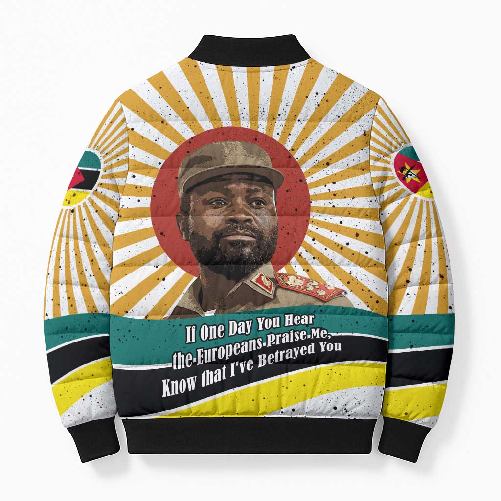 Samora Machel Bomber Puffer Jacket Radiant Sunburst Bold Anti-Colonial Quote Mozambique Liberation - African Revolutionary Art - African Pride