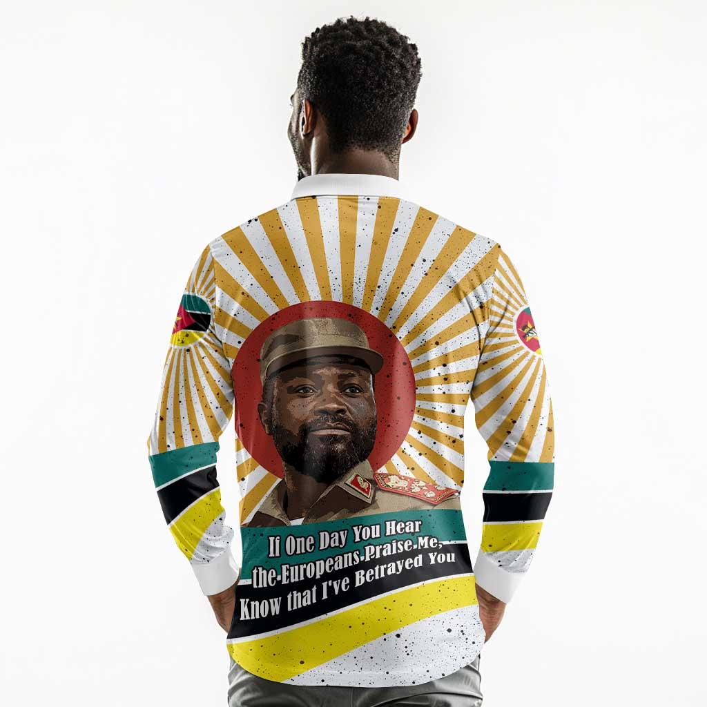 Samora Machel Long Sleeve Polo Shirt Radiant Sunburst Bold Anti-Colonial Quote Mozambique Liberation - African Revolutionary Art - African Pride