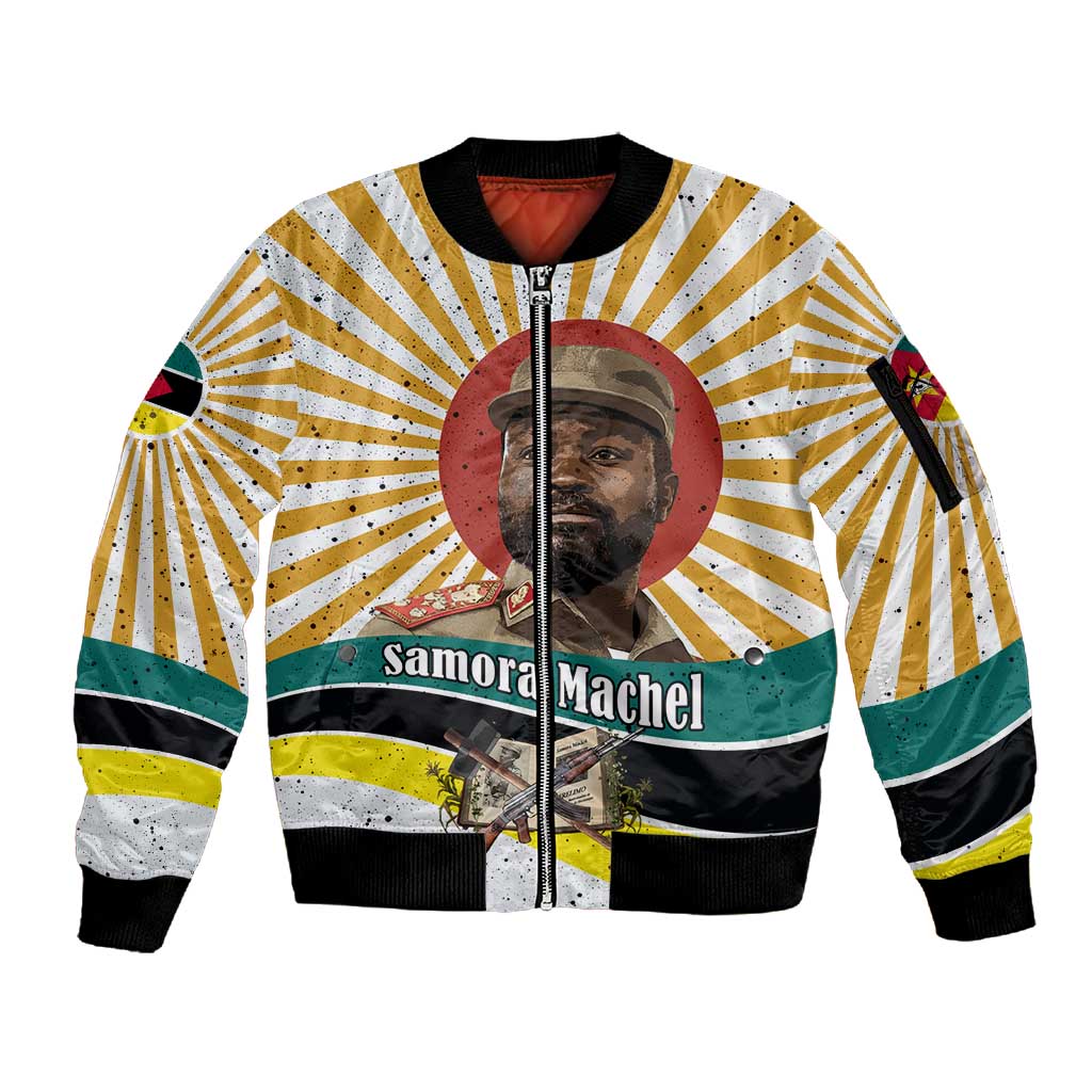 Samora Machel Sleeve Zip Bomber Jacket Radiant Sunburst Bold Anti-Colonial Quote Mozambique Liberation - African Revolutionary Art - African Pride