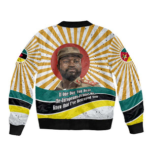 Samora Machel Sleeve Zip Bomber Jacket Radiant Sunburst Bold Anti-Colonial Quote Mozambique Liberation - African Revolutionary Art - African Pride