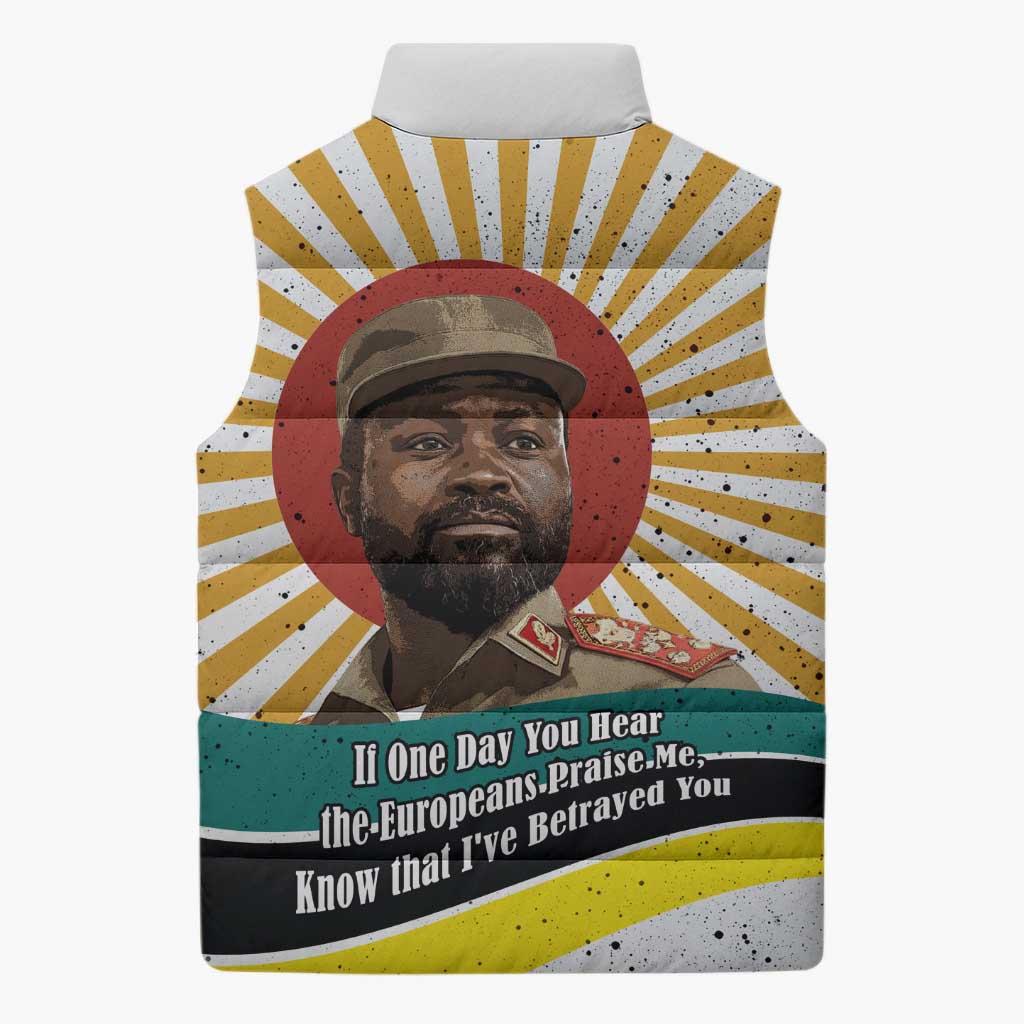 Samora Machel Sleeveless Puffer Jacket Radiant Sunburst Bold Anti-Colonial Quote Mozambique Liberation - African Revolutionary Art - African Pride