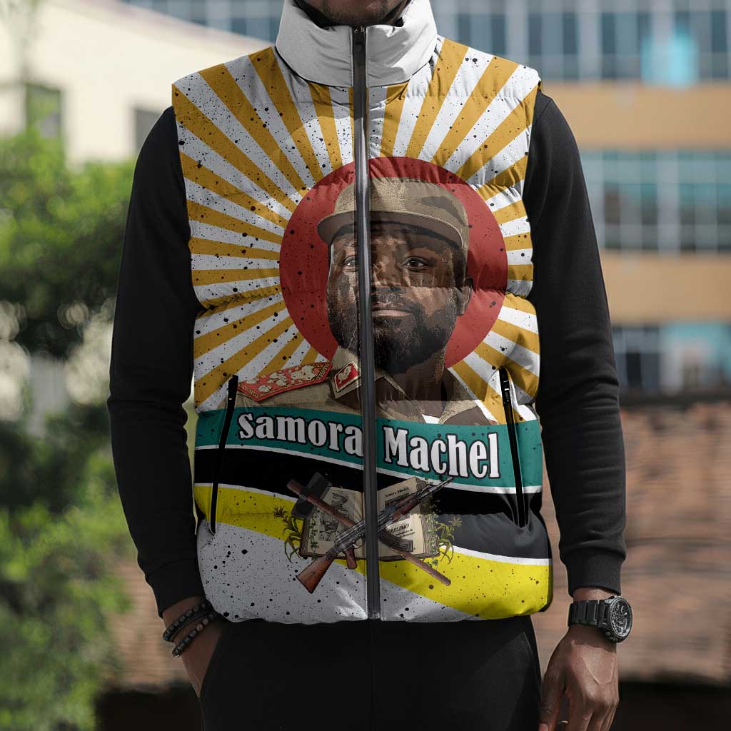 Samora Machel Sleeveless Puffer Jacket Radiant Sunburst Bold Anti-Colonial Quote Mozambique Liberation - African Revolutionary Art - African Pride