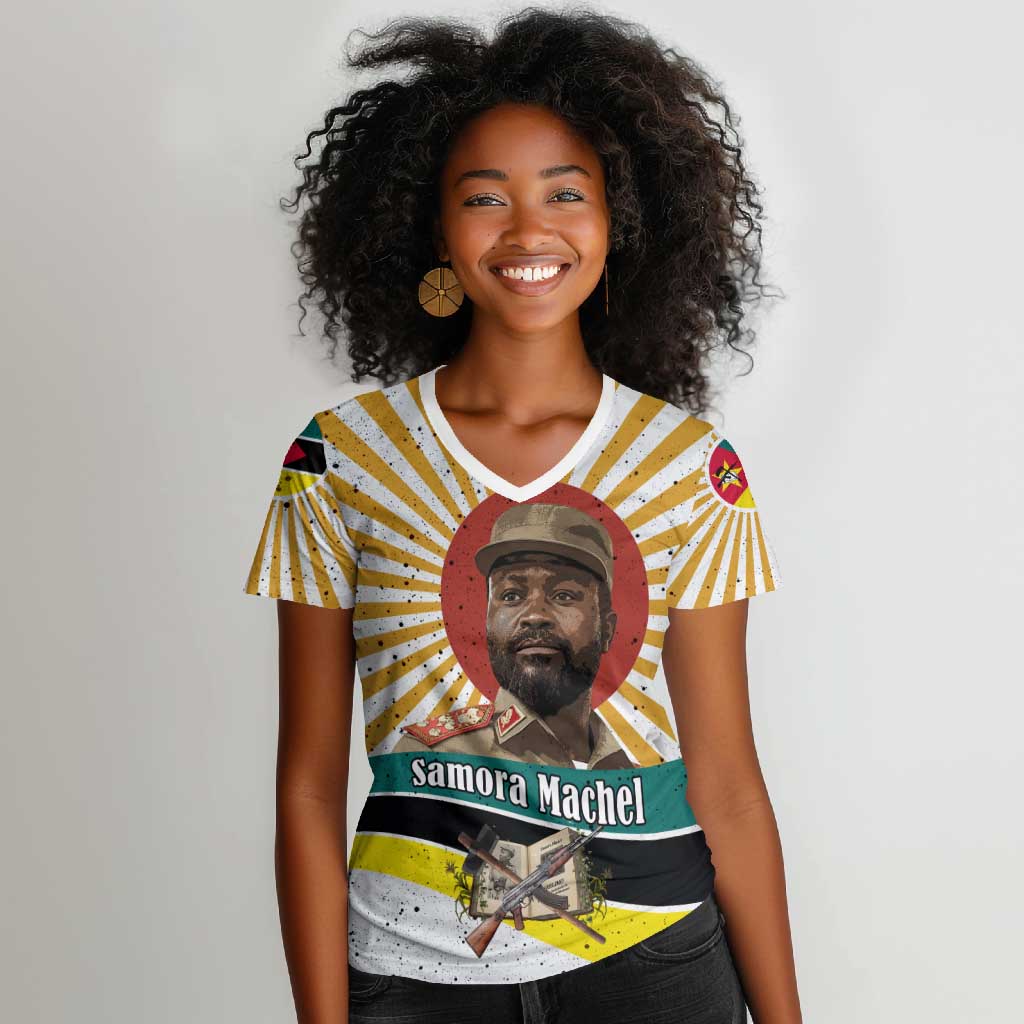 Samora Machel Women V-Neck T-Shirt Radiant Sunburst Bold Anti-Colonial Quote Mozambique Liberation - African Revolutionary Art - African Pride