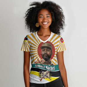 Samora Machel Women V-Neck T-Shirt Radiant Sunburst Bold Anti-Colonial Quote Mozambique Liberation - African Revolutionary Art - African Pride