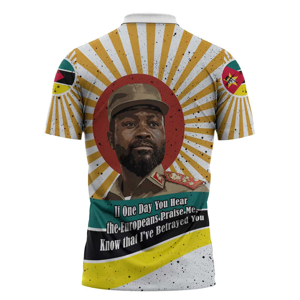 Samora Machel Zipper Polo Shirt Radiant Sunburst Bold Anti-Colonial Quote Mozambique Liberation - African Revolutionary Art - African Pride