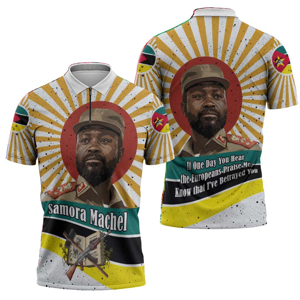 Samora Machel Zipper Polo Shirt Radiant Sunburst Bold Anti-Colonial Quote Mozambique Liberation - African Revolutionary Art - African Pride