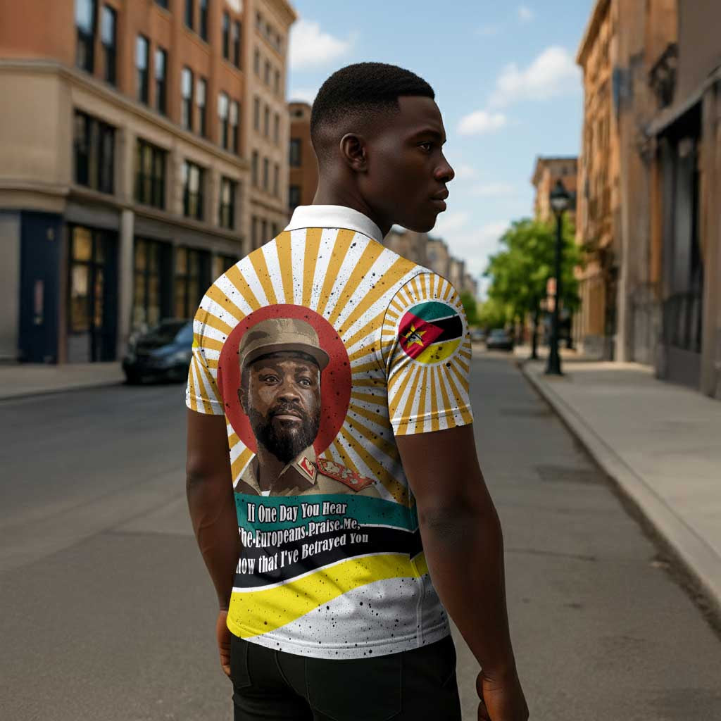 Samora Machel Zipper Polo Shirt Radiant Sunburst Bold Anti-Colonial Quote Mozambique Liberation - African Revolutionary Art - African Pride