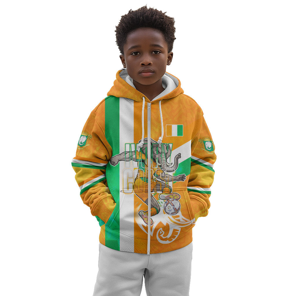 Personalized Ivory Coast Football Kid Hoodie Elephant Mascot Flag - Comic Style Graphic