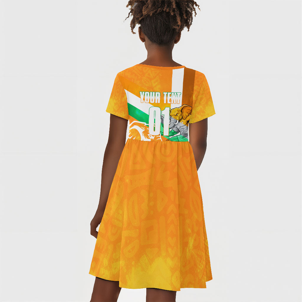 Personalized Ivory Coast Football Kid Short Sleeve Dress Elephant Mascot Flag - Comic Style Graphic