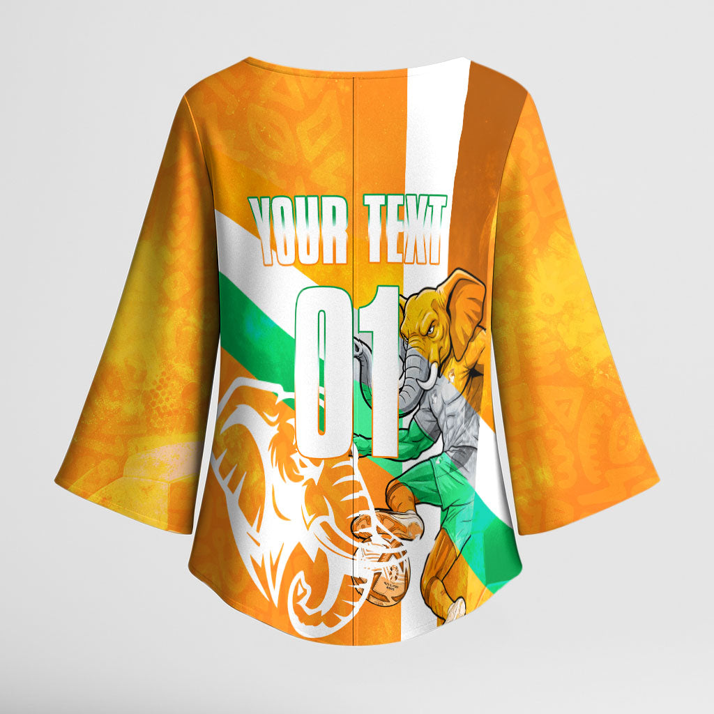 Personalized Ivory Coast Football Kimono Sleeve Blouse Elephant Mascot Flag - Comic Style Graphic