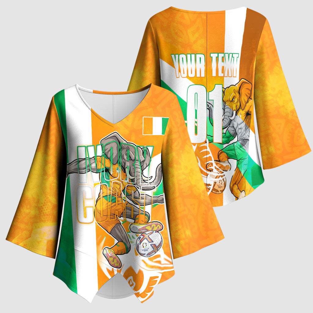 Personalized Ivory Coast Football Kimono Sleeve Blouse Elephant Mascot Flag - Comic Style Graphic