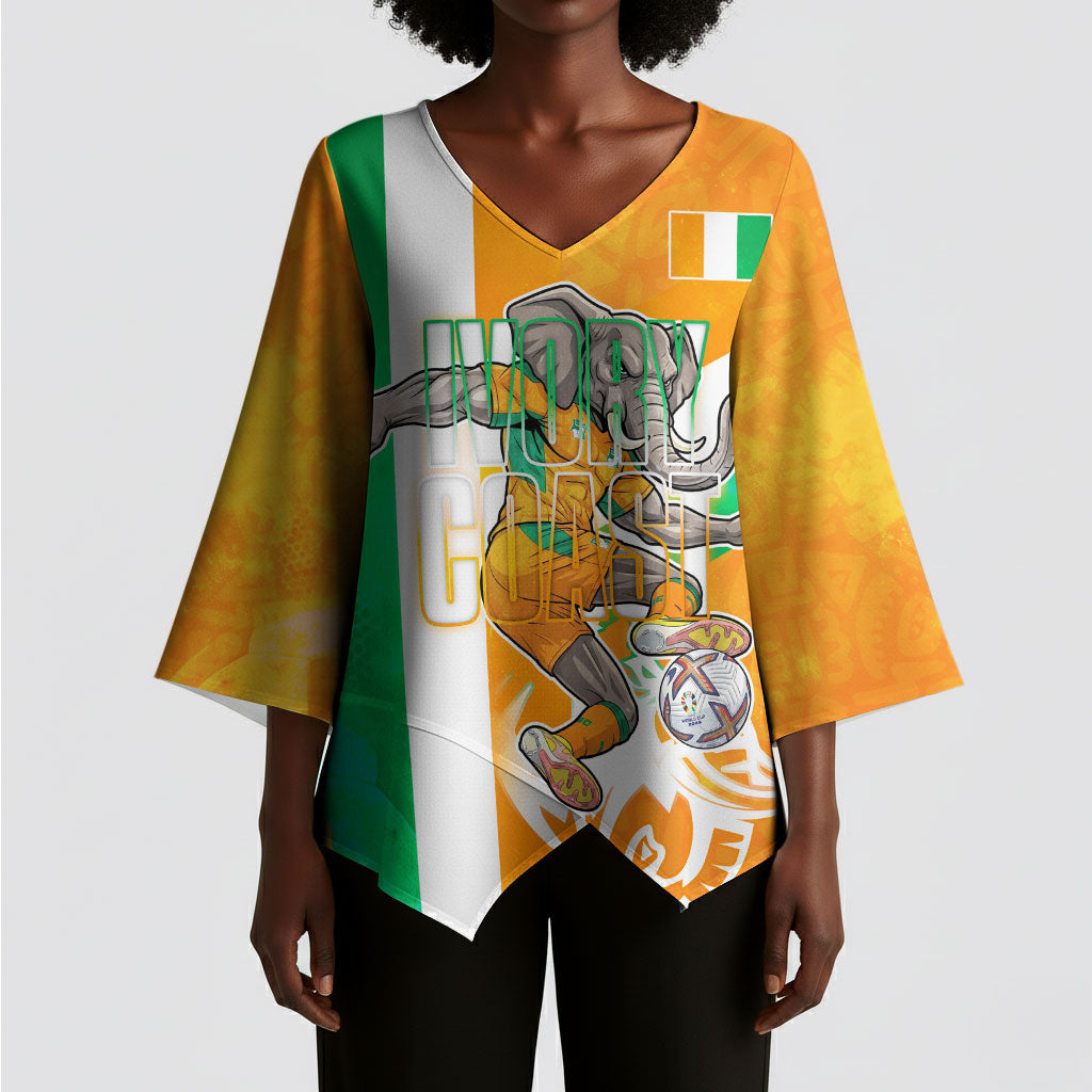 Personalized Ivory Coast Football Kimono Sleeve Blouse Elephant Mascot Flag - Comic Style Graphic