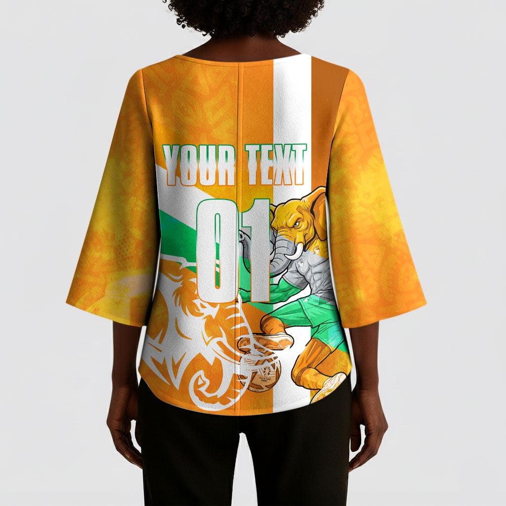 Personalized Ivory Coast Football Kimono Sleeve Blouse Elephant Mascot Flag - Comic Style Graphic