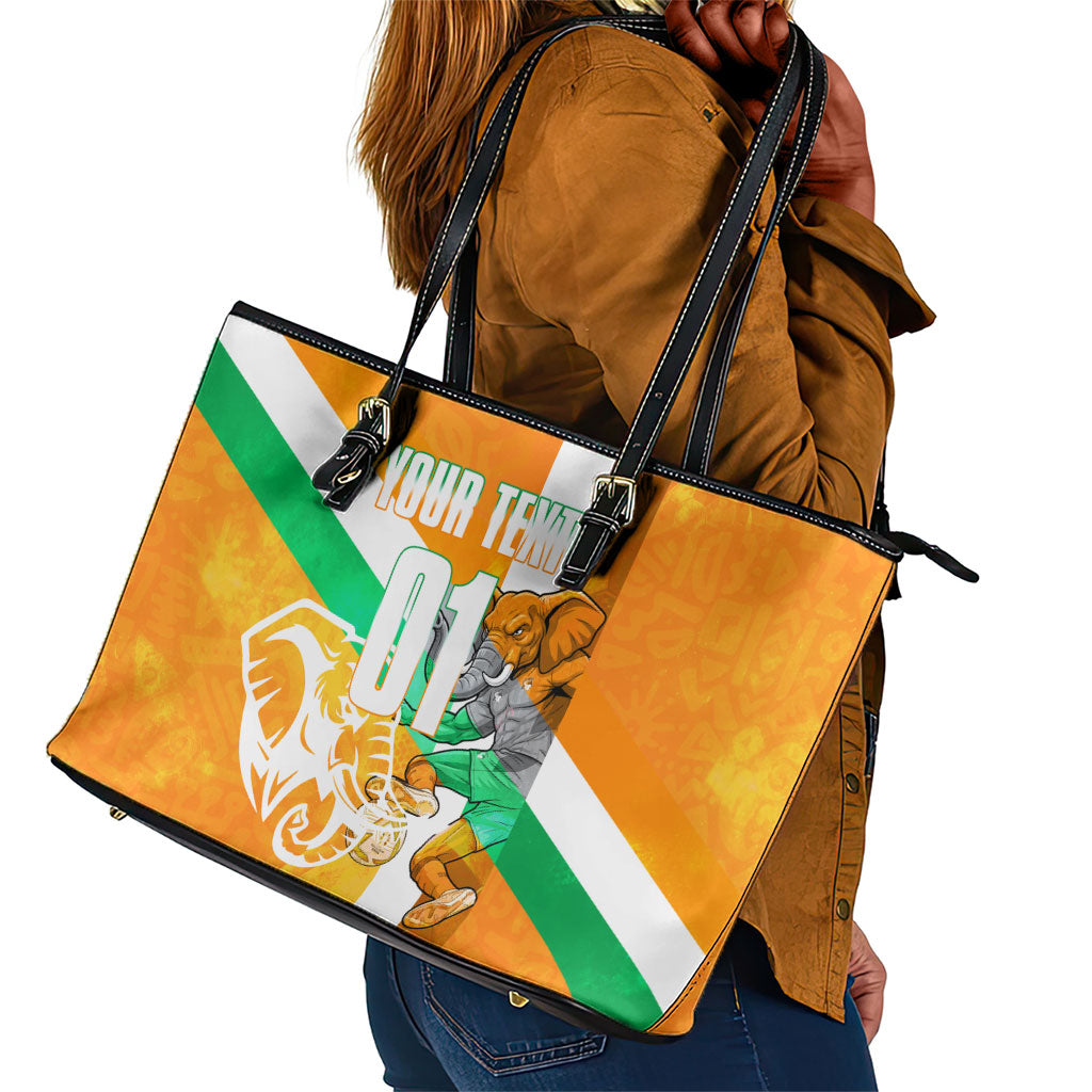 Personalized Ivory Coast Football Leather Tote Bag Elephant Mascot Flag - Comic Style Graphic