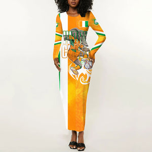 Personalized Ivory Coast Football Long Sleeve Bodycon Dress Elephant Mascot Flag - Comic Style Graphic