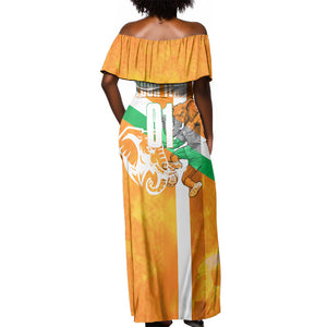 Personalized Ivory Coast Football Off Shoulder Maxi Dress Elephant Mascot Flag - Comic Style Graphic