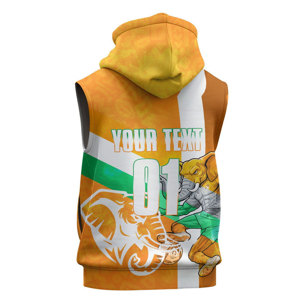 Personalized Ivory Coast Football Sleeveless Zip Hoodie Elephant Mascot Flag - Comic Style Graphic