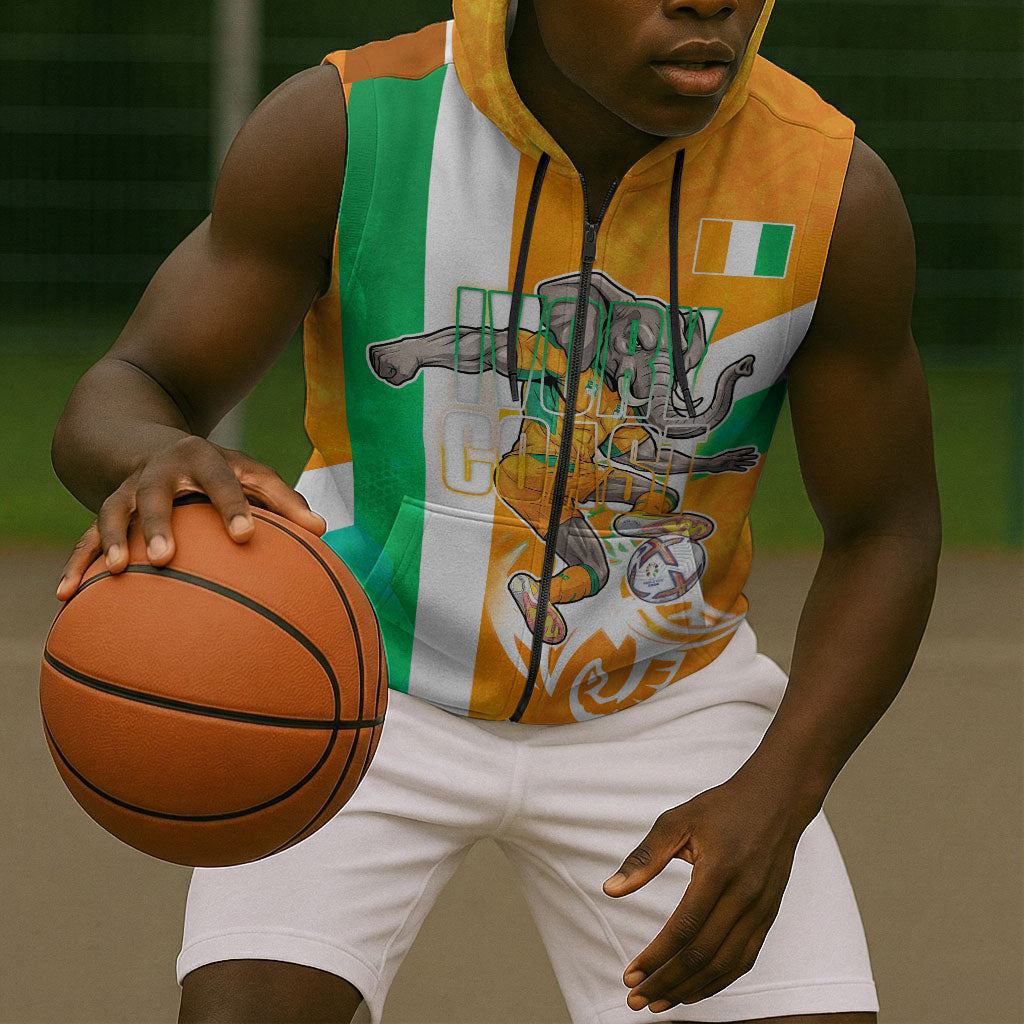Personalized Ivory Coast Football Sleeveless Zip Hoodie Elephant Mascot Flag - Comic Style Graphic